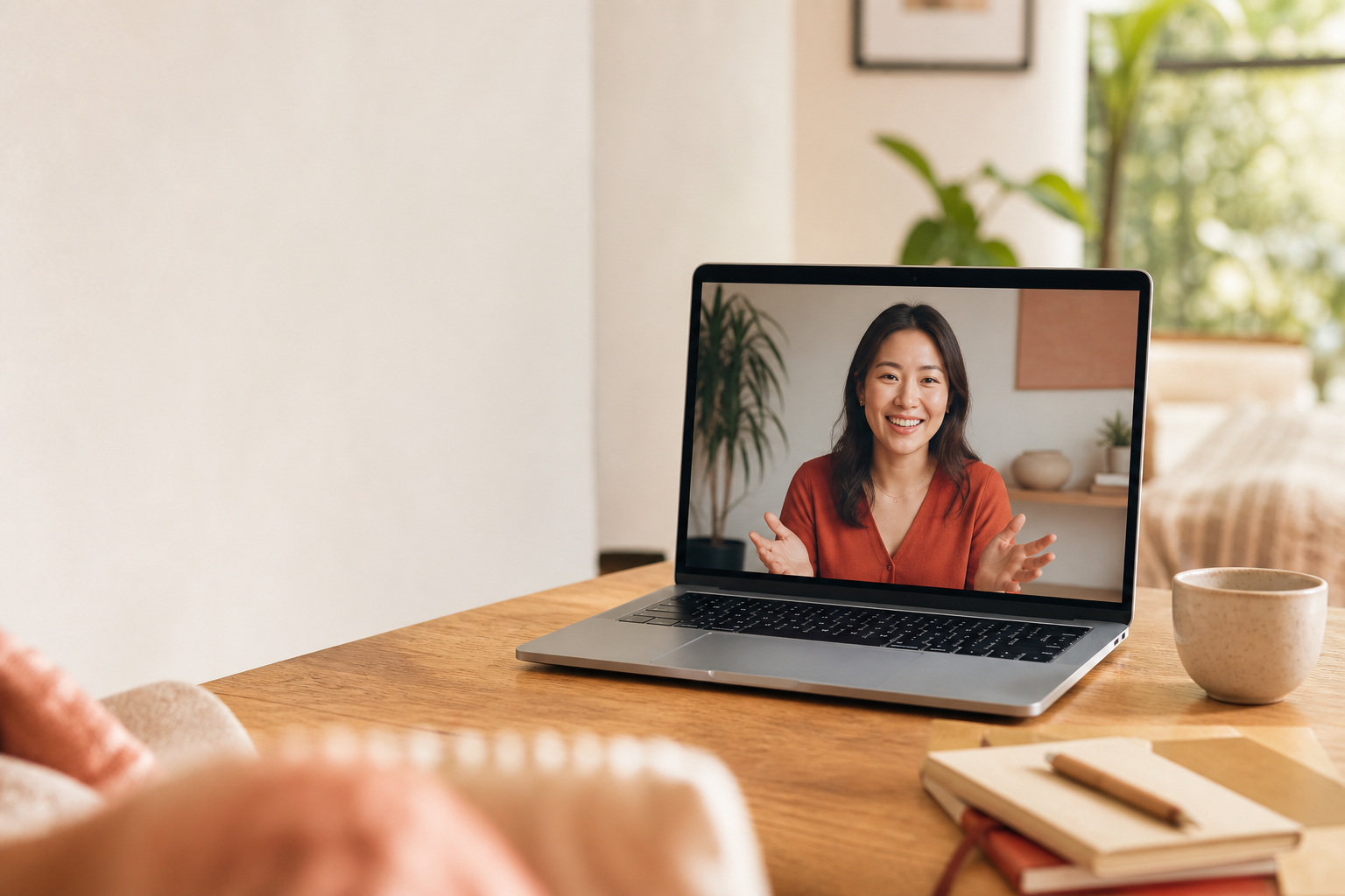 A friendly Mandarin tutor teaching online from a bright home studio
